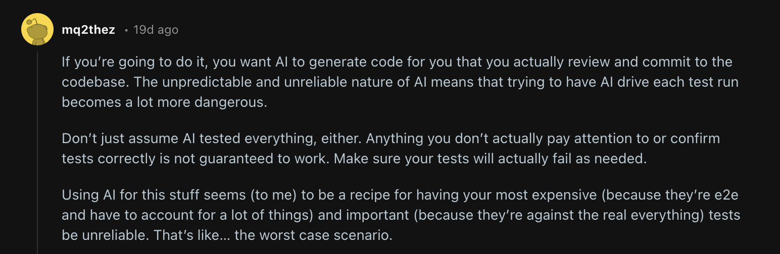 Reddit comment about AI in testing