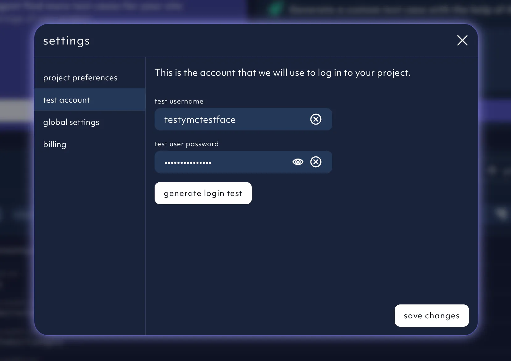 test account in octomind app account settings, 10/24