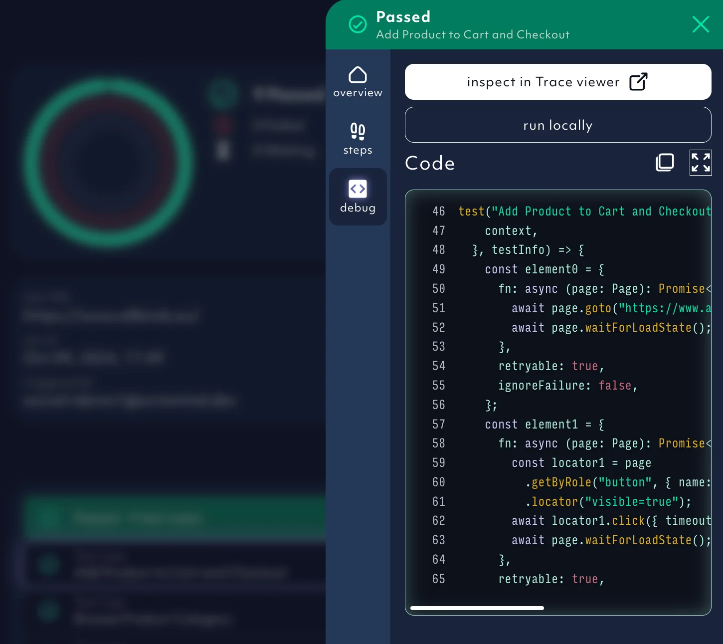 test run detail, debugging tab, 10/24