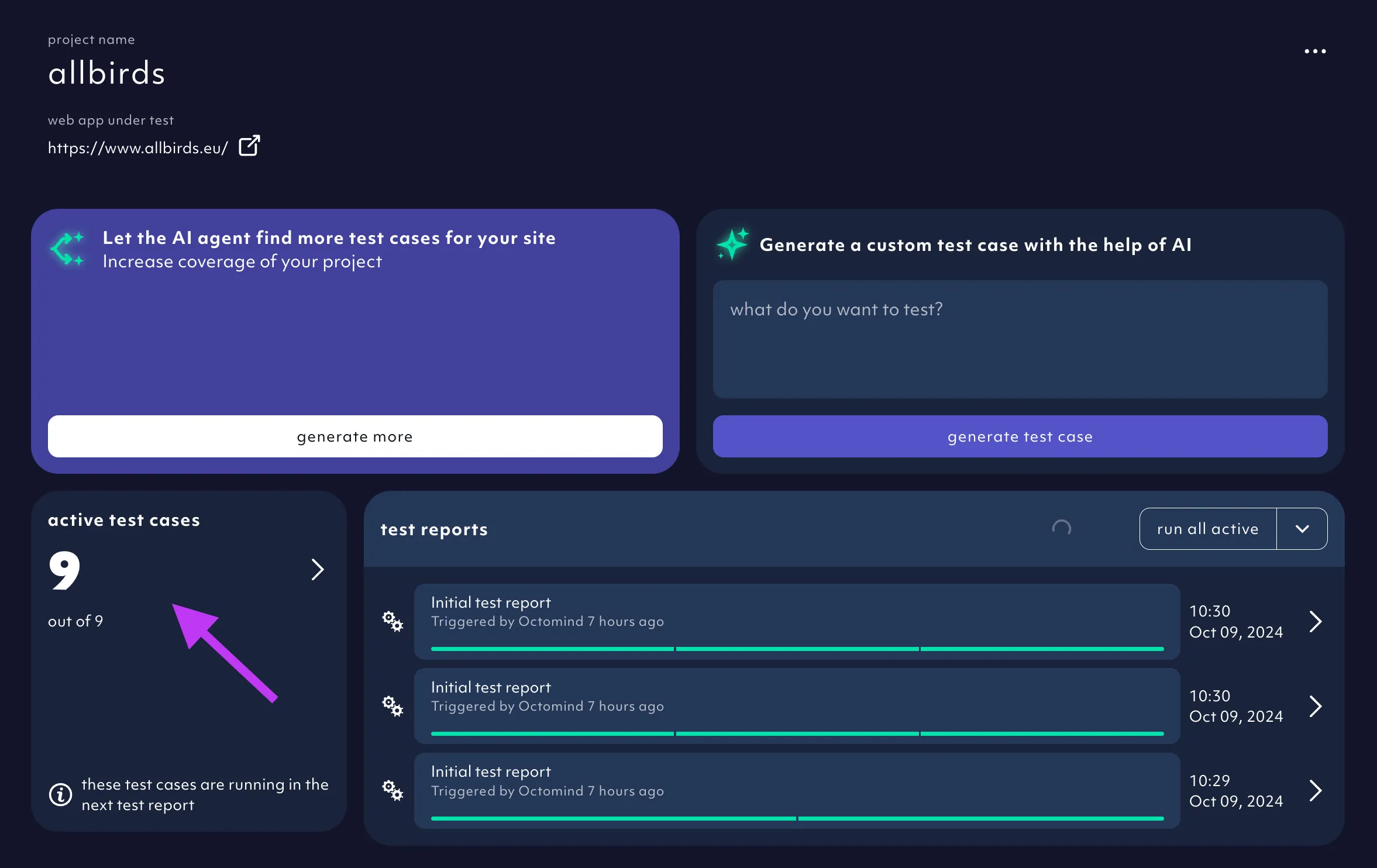 project overview page with active test cases, 10/24