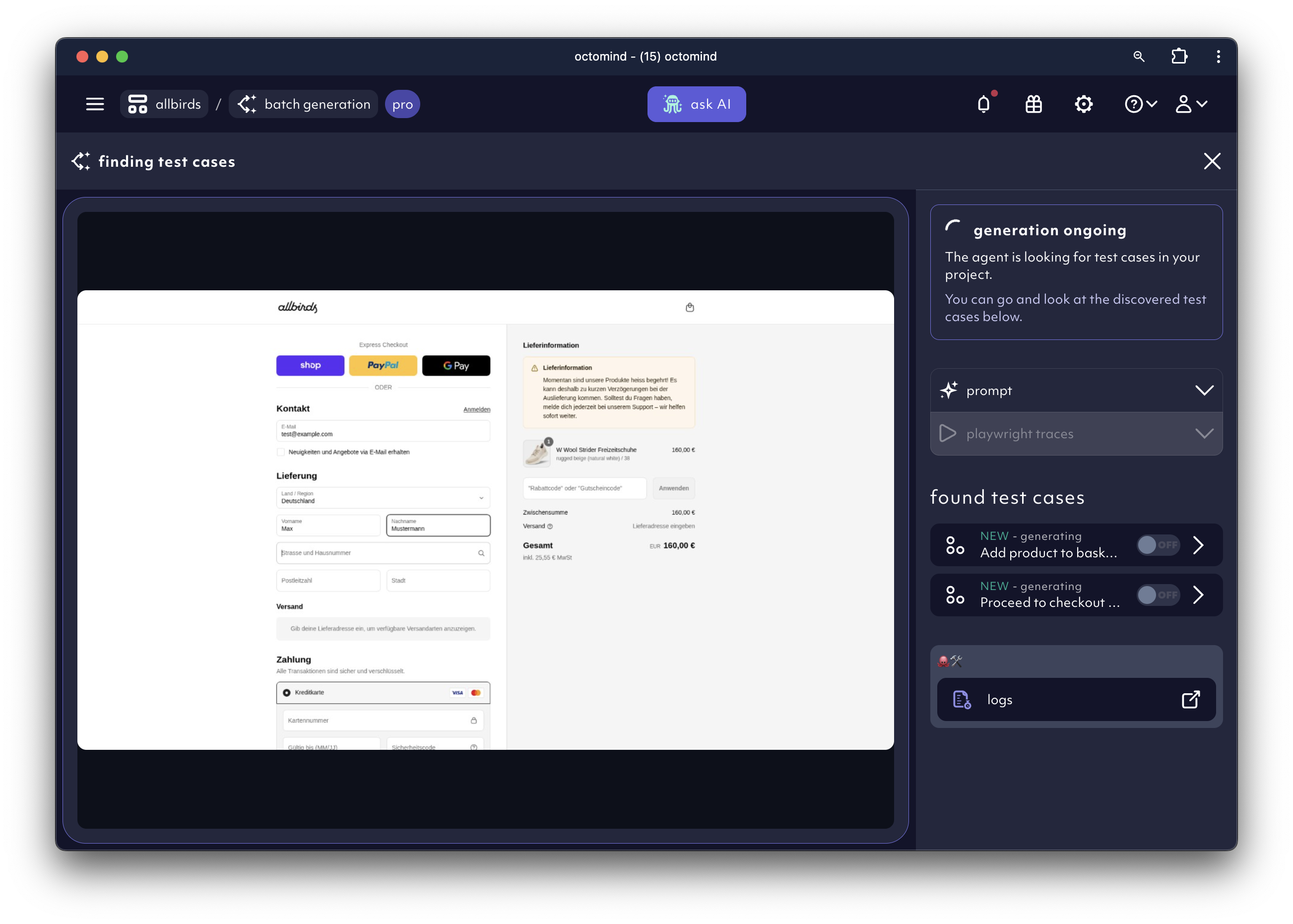Test batch generation in the Octomind app