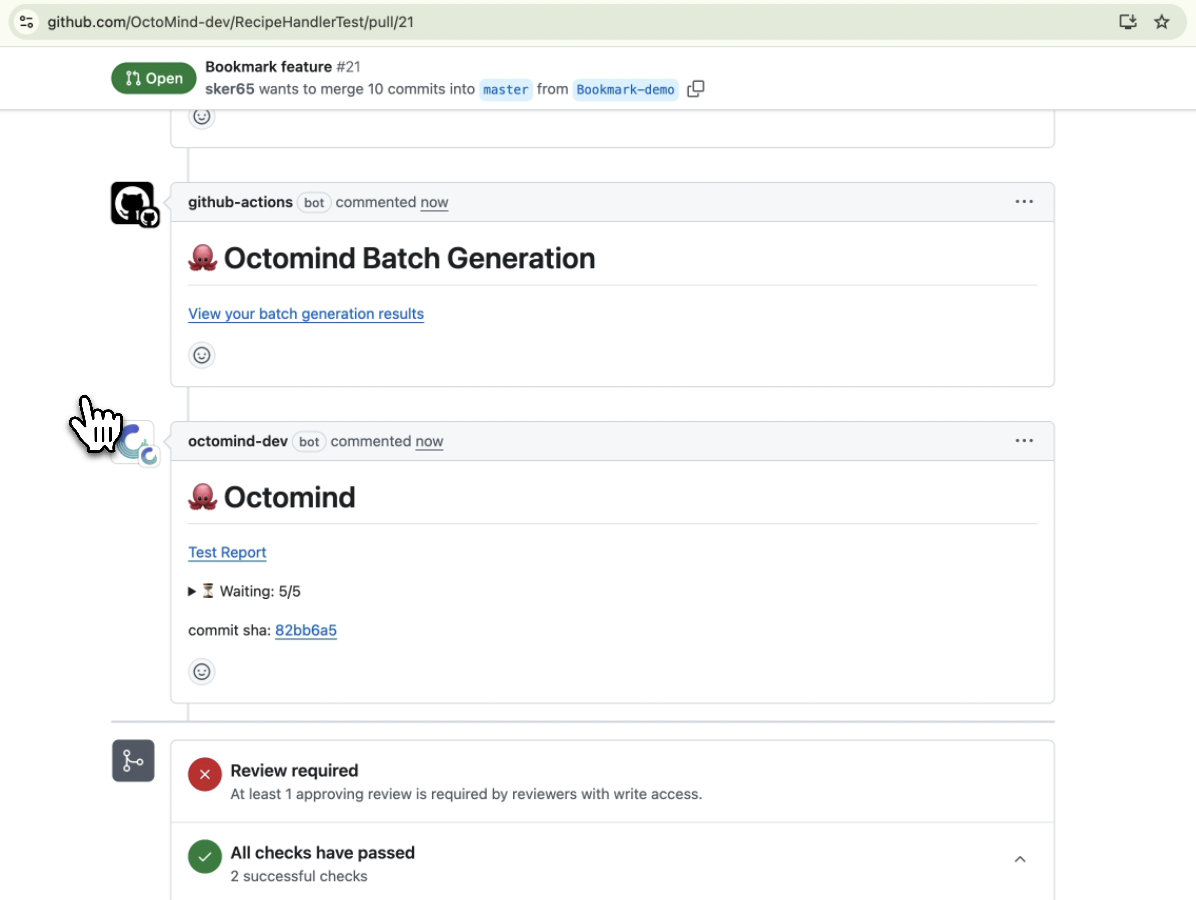A screenshot of a GitHub CI pipeline - a PR with integrated Octomind batch generation launched at commit