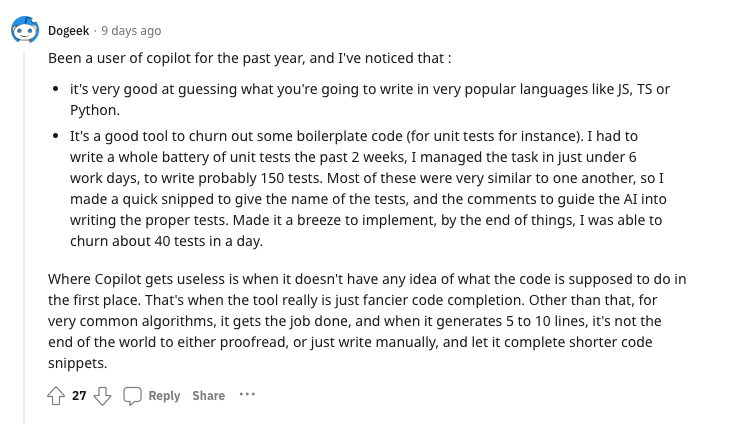 A reddit quote on Copilot