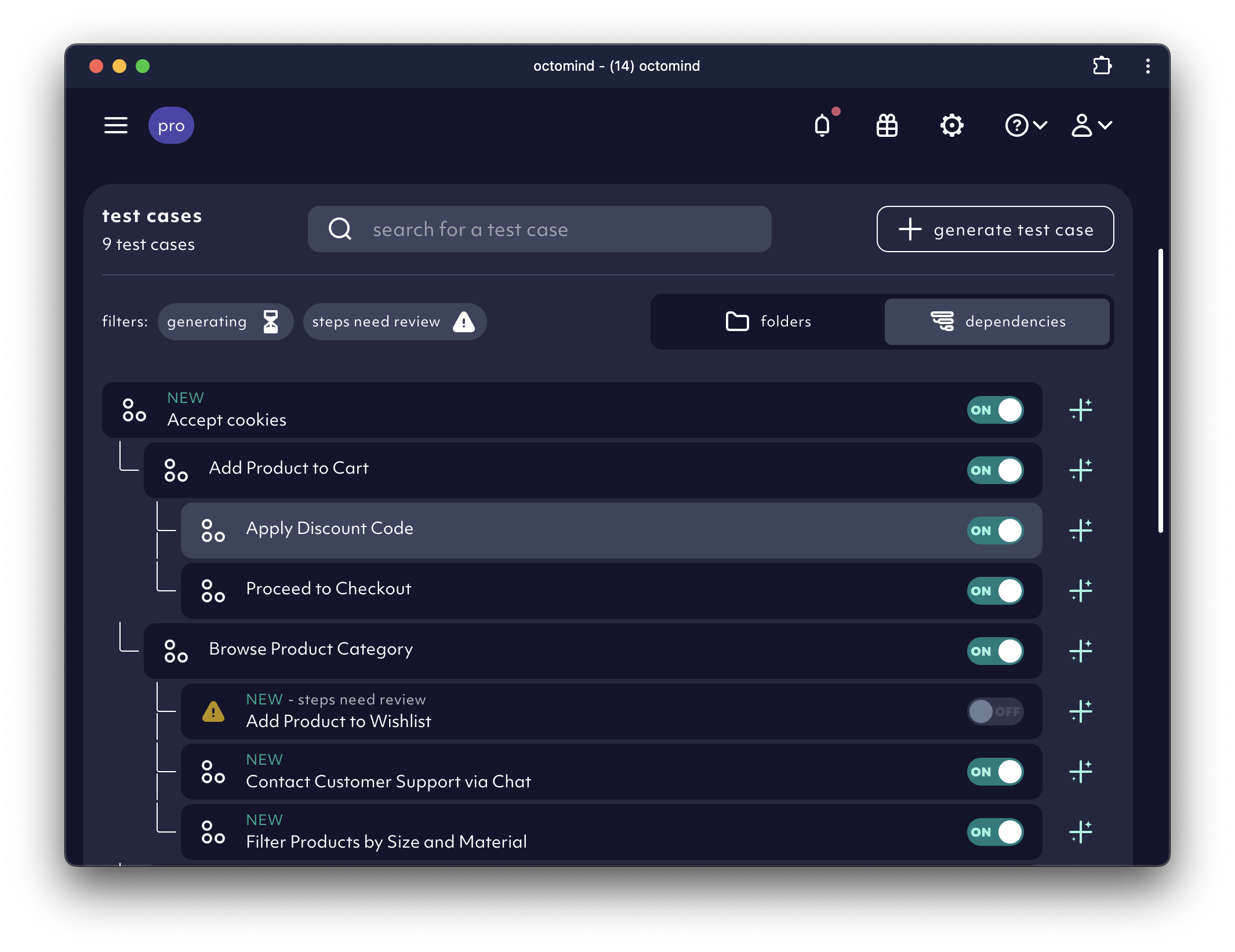 Dependency tree test arrangement in Octomind testing tool, screenshot